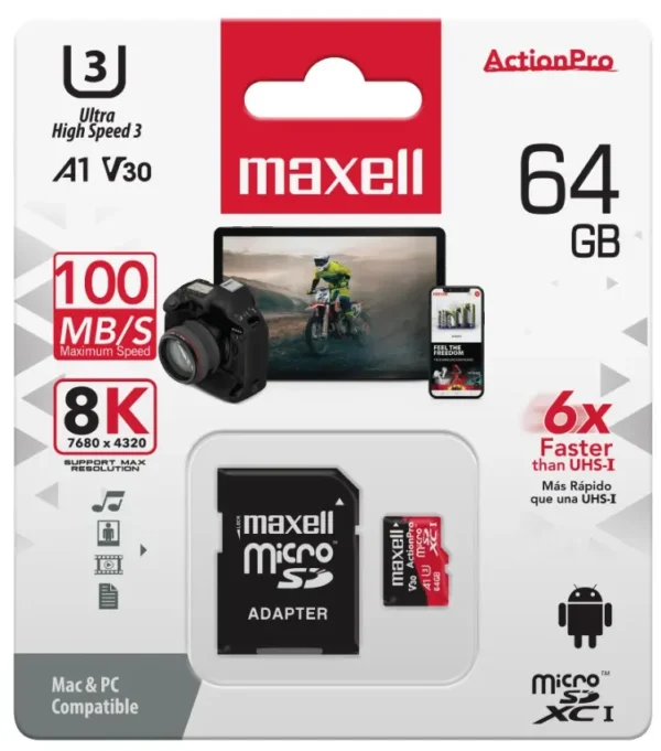 כרטיס זיכרון Maxell" SD Card" + מתאם בנפח 64G